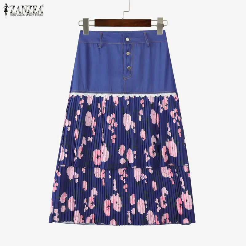 ZANZEA Spring Elegant Pleated Skirts Women's Denim & Lace & Floral Patchwork A-Line Midi Skirt Casual Layered Detail Jupes Femme