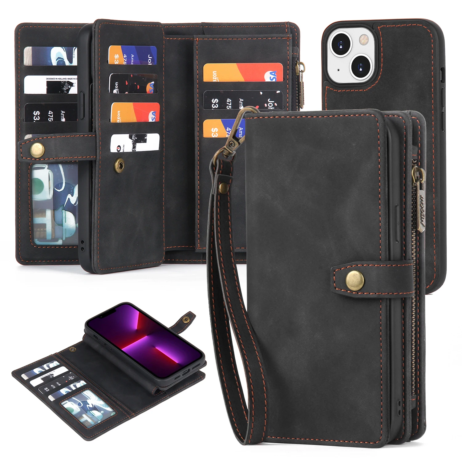 Flip Zipper Leather Back Case for iPhone 13 Pro Max 6.7