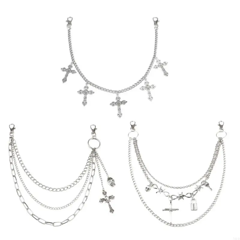 T8UD Pants Chain Belt Crosses Metal for Unisex Egirl Eboy Jeans Punk Aesthetic Chain