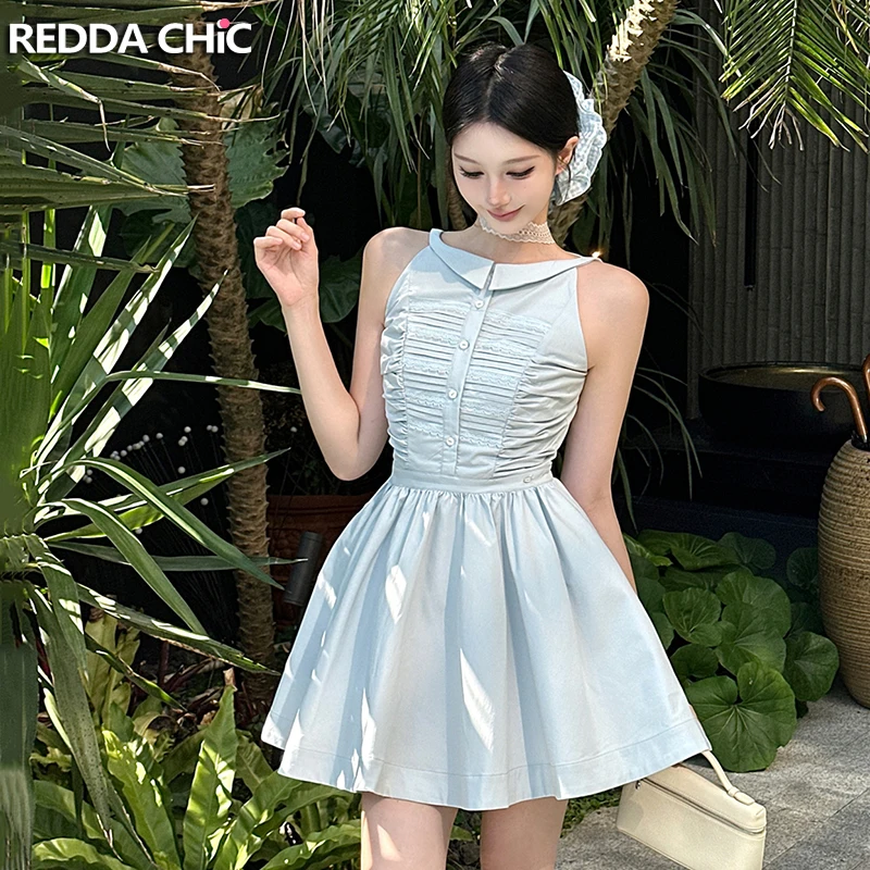 فستان صيفي نسائي من REDDACHiC أنيق بياقة بدون أكمام من الدانتيل مطوي على شكل حرف A فستان قصير رومانسي لعيد الحب قطعة واحدة