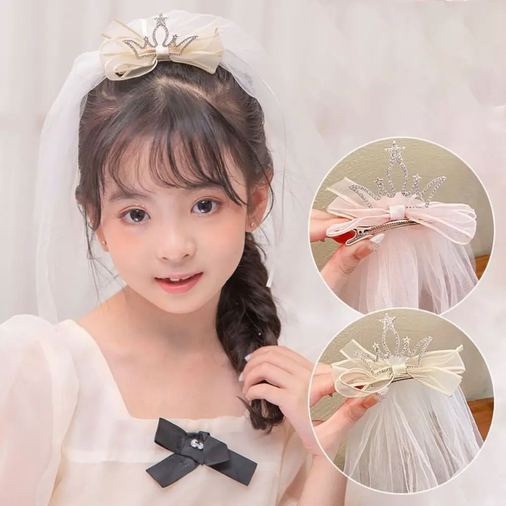 Fashion Girls Pearl Crown Hairpin Children Hairpin Veil Hair Clip Princess Hair Accessories Bow Hair Clip Cute