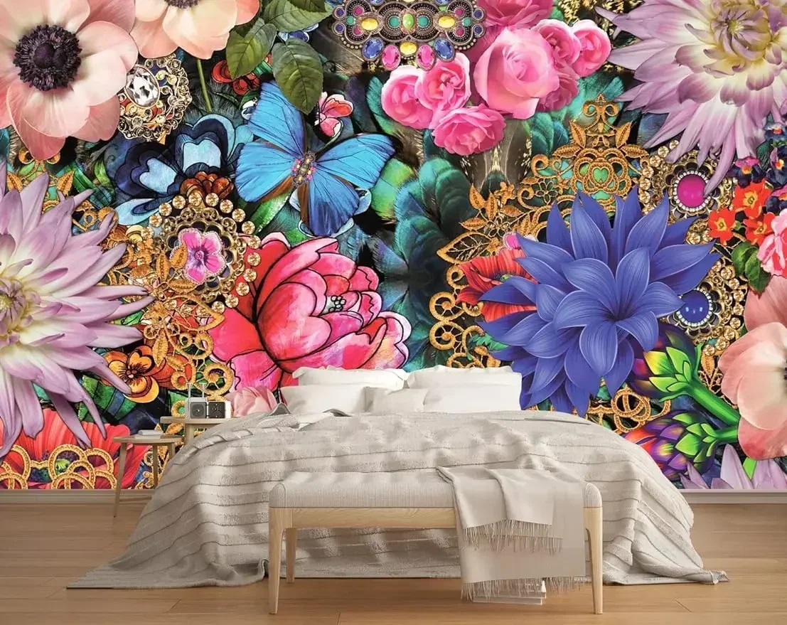 3D Floral Wallpaper Vivid Multicolor Wall Mural for Living Room Bedroom TV Background (Not Peel n' Stick)