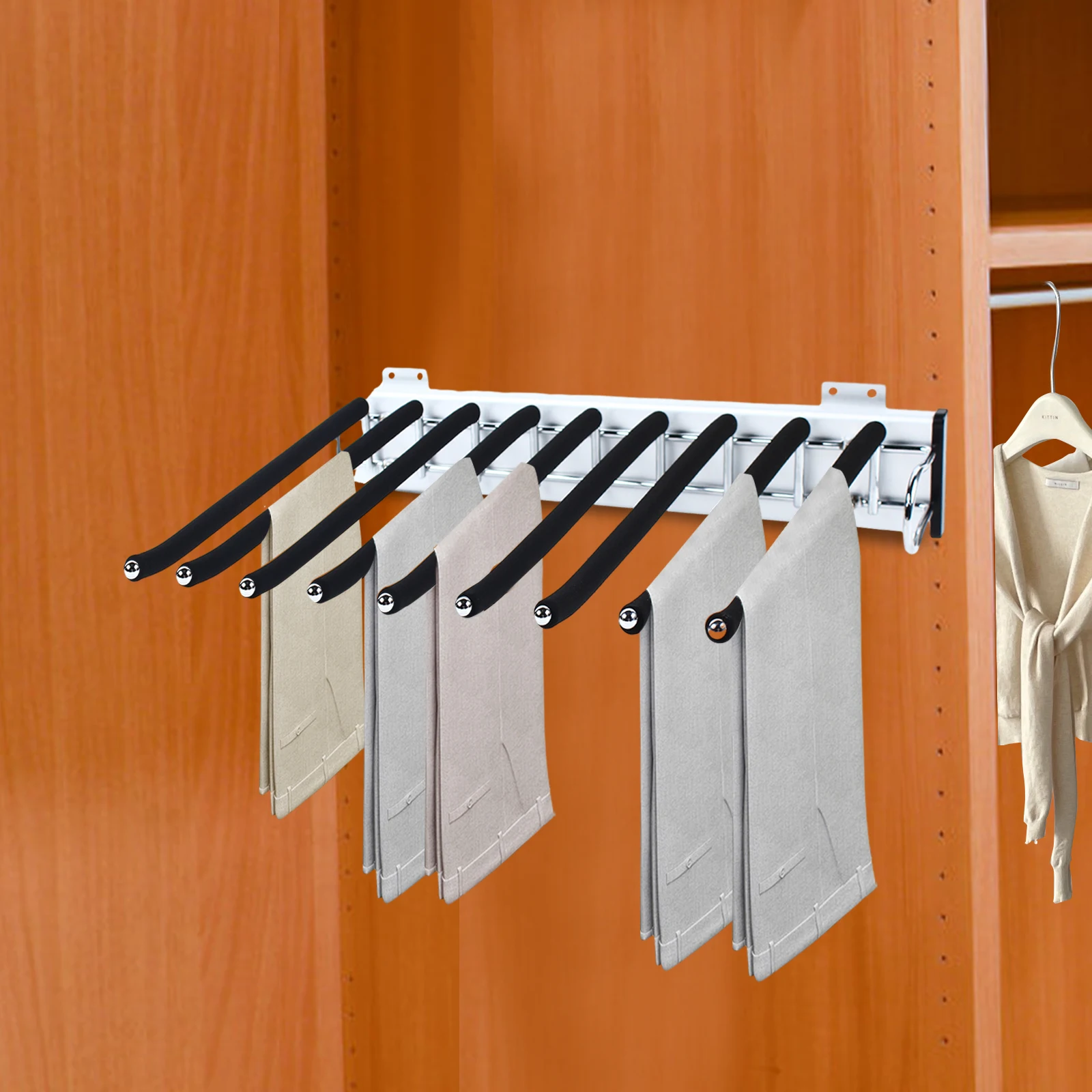 9-Rod Premium Pull-Out Wardrobe Pants Rack Space-Saving for Modern Closet Storage Pants Storage Organize Shelf Rack Wall Mounted