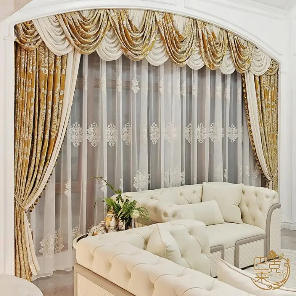 American Gold Gilding Jacquard Velvet Splicing Curtains for Living Room Bedroom French Window Villa Customized Products Valance