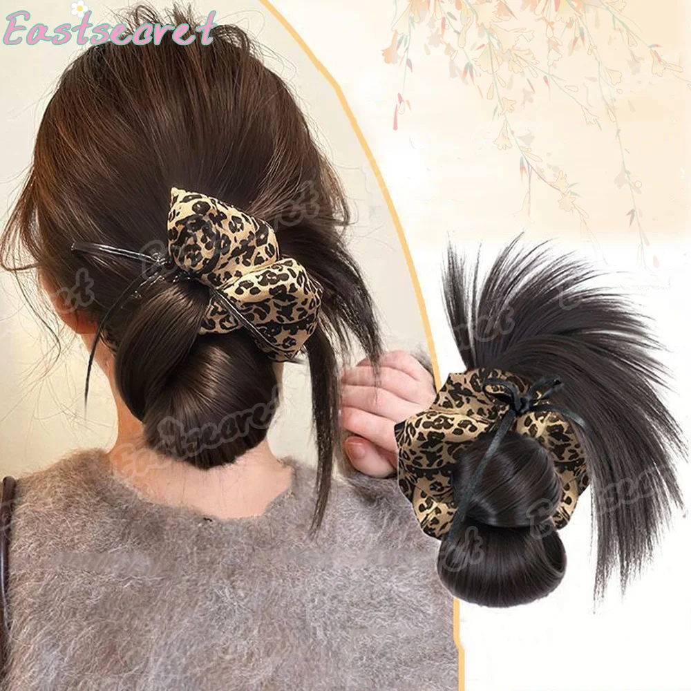 EAST Autumn and winter leopard print hair loop Chicken hair grabbing clip Flower bud head fluffy, low tied synthetic bun wig