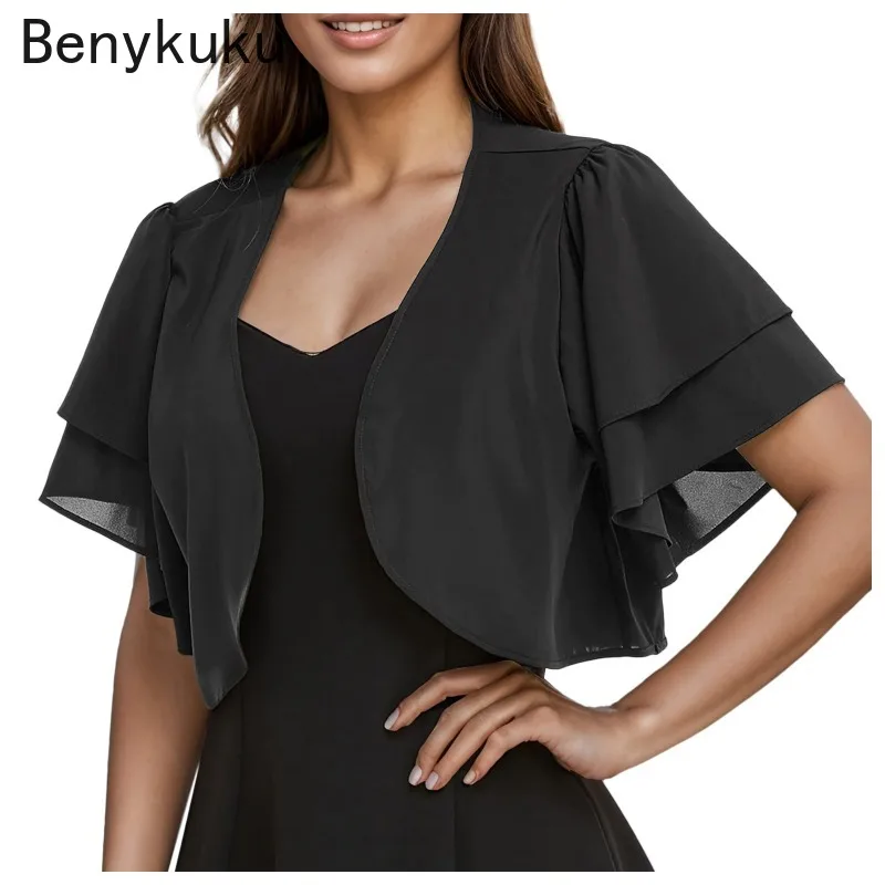 Double Layered Sleeve Chiffon Open Stitch Short Sleeve Cropped Sheer Bolero Shrug 2024 Women Cardigan Shawl Coat Cover Up Top