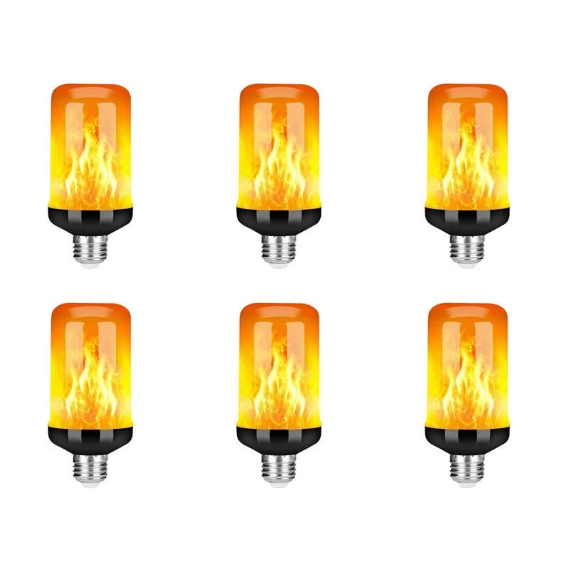 6X LED Flame Effect Light Bulb E27,Decorative Flickering Realistic Fire Lights Bulb,Festival Decoration Lamp,Black-B