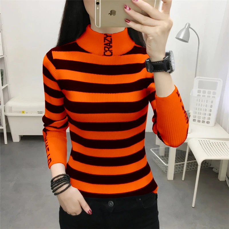 Autumn Winter Women Stripe Pullover Sweater half-turtleneck bottom Clothes Women High Neck Slim Basic Sweaters Tops M-3XL