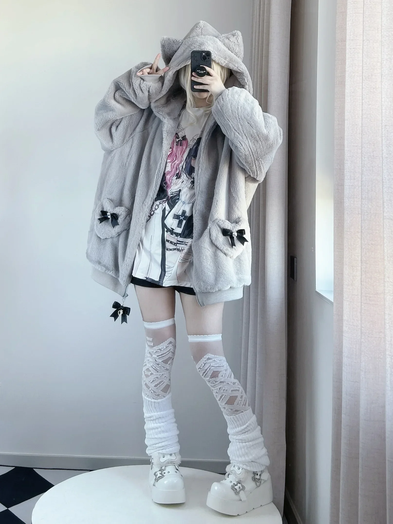 Japanese Mine Style Mass-produced Bow Cat Ear Plush Cute Winter Jacket Coats Loose Zipper Hooded Plush Hoodies Sweatshirt Women