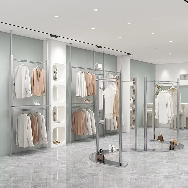 Stainless steel upper wall hanging shelf column men's and women's clothing store double layer hanging clothes rack display rack