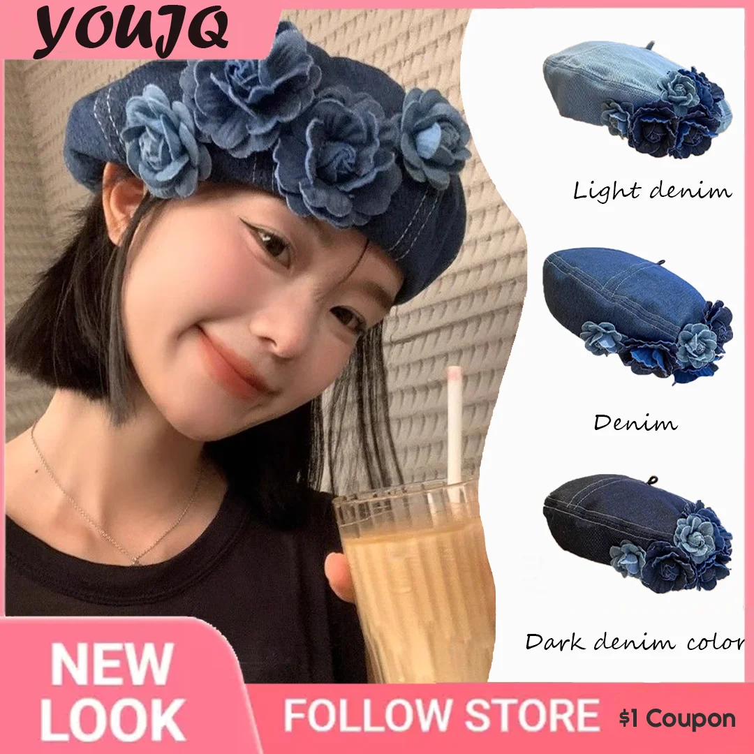 

Color-Block 3D Flower Denim Beret: Japanese Style, Niche Puffy Painter Hat, Face-Slimming