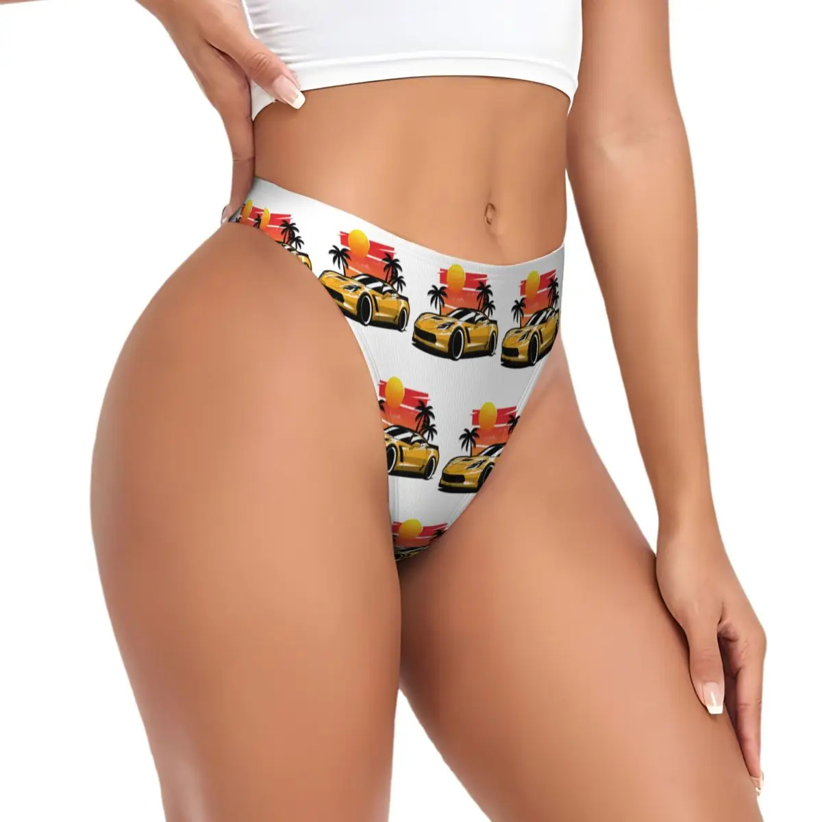 Custom Yellow Corvette Z06 Sunset Palms G-string Panties Breathable Women Stretch Thongs Comfort Underwear