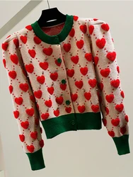 Heart Argyle Diamonds O-Neck High Street Kawaii Knitted Women's Sweaters Long Sleeve Buttons Short Jumpers Female Cardigans