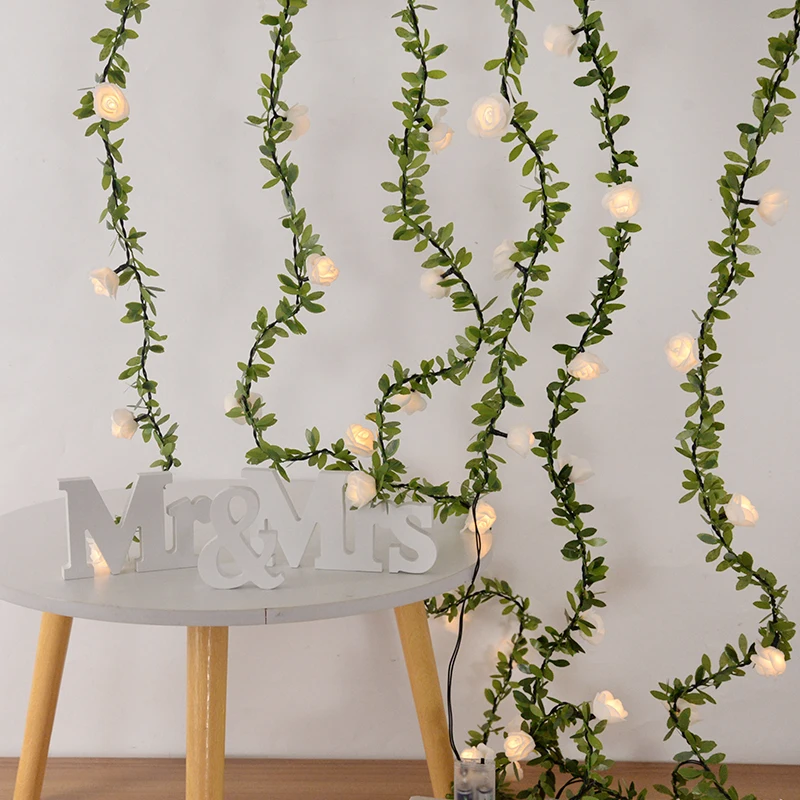 

10/20leds Fairy Lights String Rose Green Leaf Rattan LED Lamp Wedding Party Garland Birthday Valentine's Day DIY Flower Decor