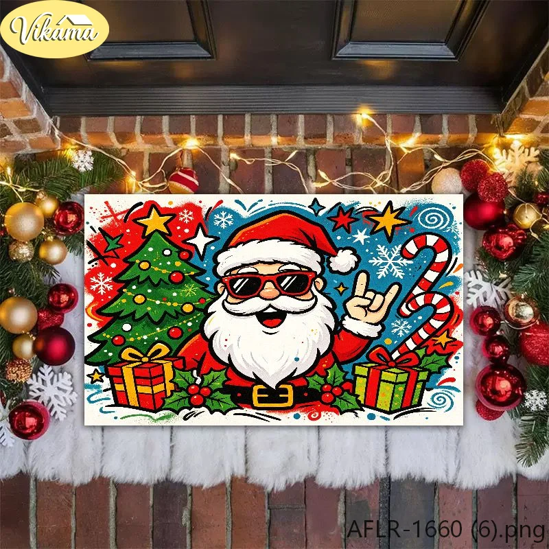 VIKAMA Pop Art Christmas Welcome Rug Street Art Santa Print Non-Slip Absorbent Entryway Door Mat, Winter Holiday Home Decor Gift
