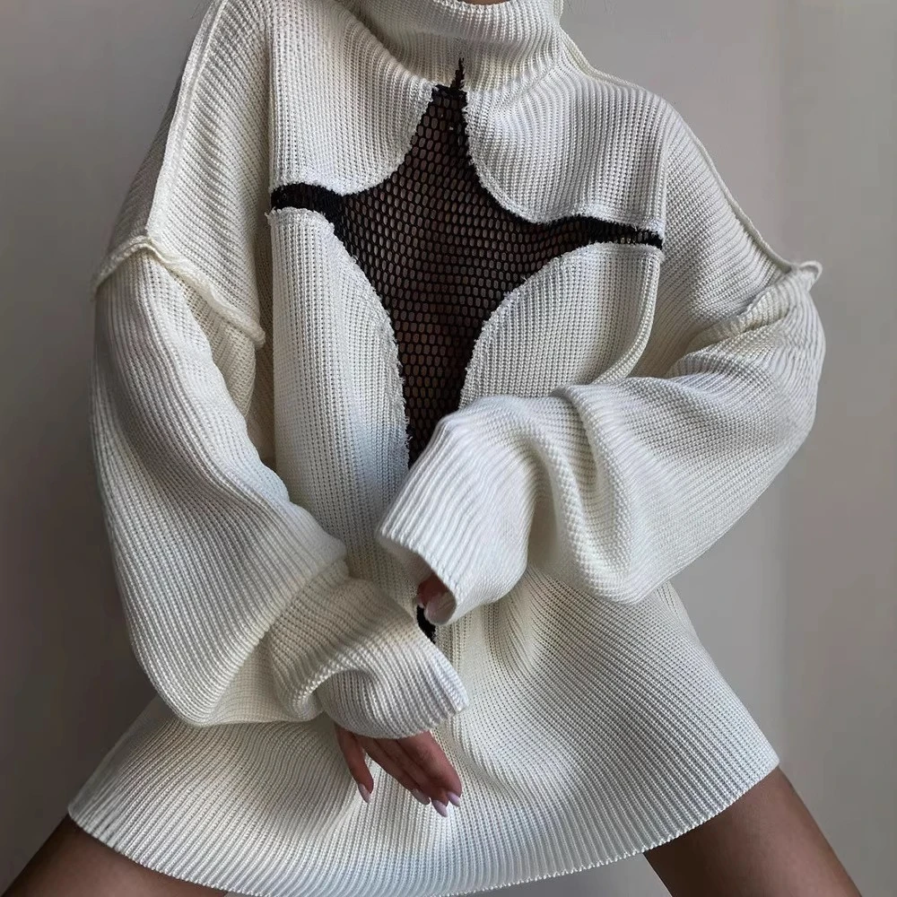 Sexy Contrast Color Mesh Cut Out High Neck Knitted Women's Long Sleeve Top Loose Soft Warm Party Vacation Autumn Winter Sweater