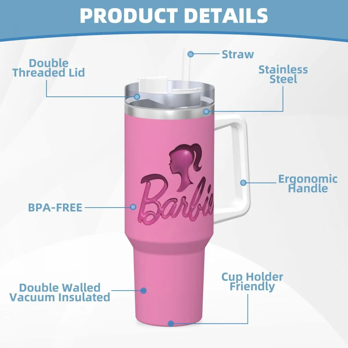 MINISO Barbie Logo Print Stainless Steel Tumbler Driving Thermal Cups With Straws and Lid Large Mugs Cup Hot Drinks Water Bottle