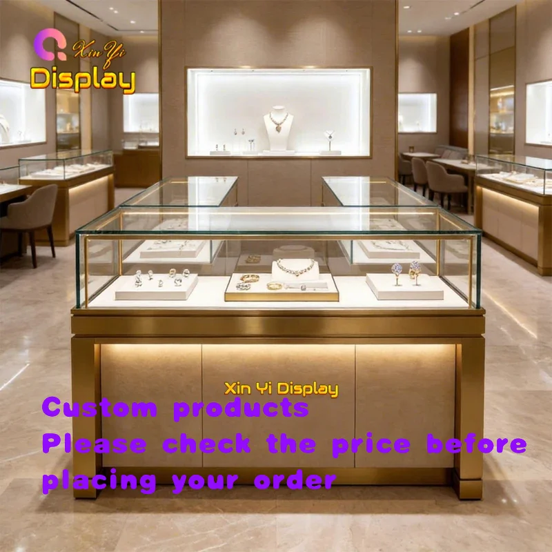 custom.Luxury Modern Jewelry Showcase Heavy Duty Thick Brushed Frame Panel Base Eco-Friendly Warm LED Lighting Alumin
