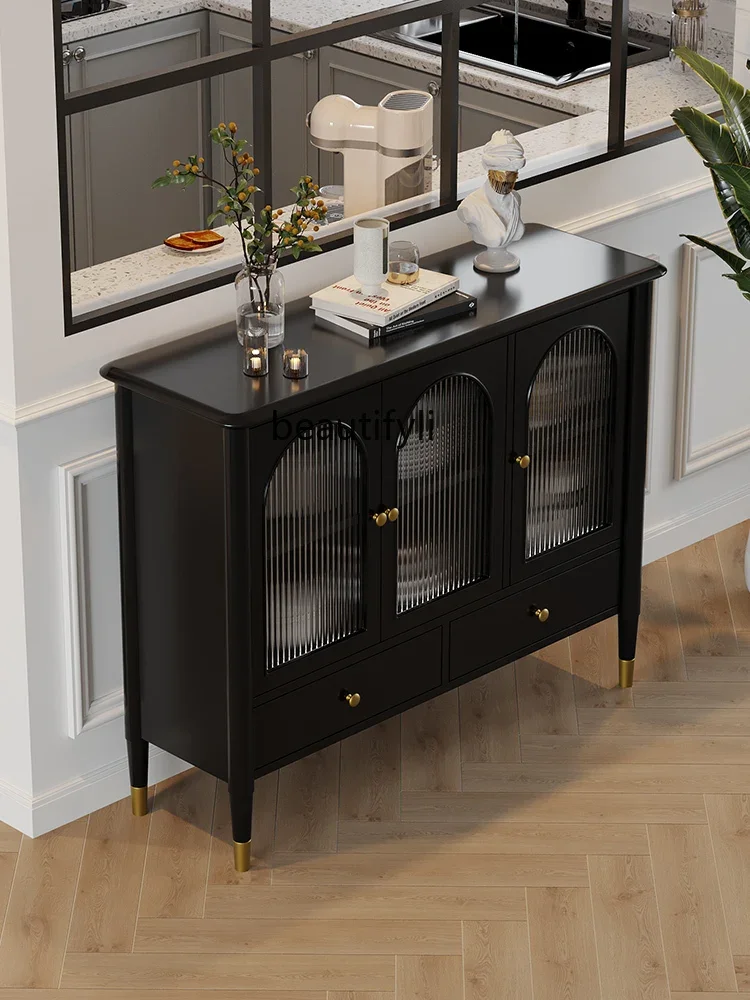 

zxqFrench Retro Sideboard Cabinet Solid Wood Storage Side Cabinet Changhong Glass Black Tea Cabinet