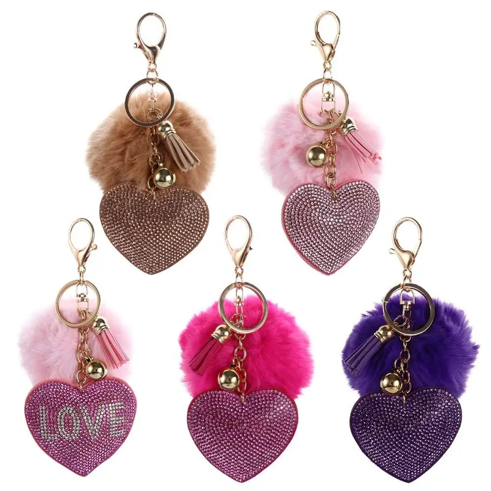 

Fashion for Women's Bags Girls Ornaments Packaging Decoration Rhinestone Keyrings Pompom Keychains Rhinestone Heart Bag Pendant