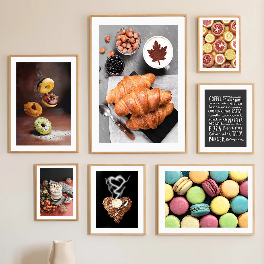 Coffee Cake Croissant Donut Macarons Posters Prints Canvas Painting Nordic Wall Art Pictures For Kitchen Dessert Shop Room De