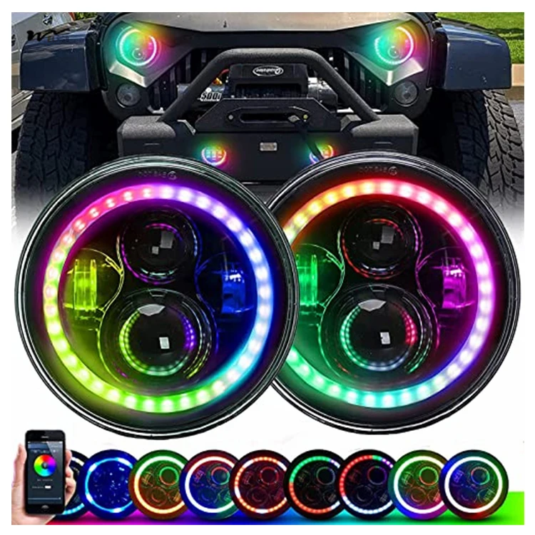 

7-дюймовые светодиодные фары RGB Halo, круглые светодиодные фары Halo, 7-дюймовые черные налобные фонари, высокий низкий герметичный луч