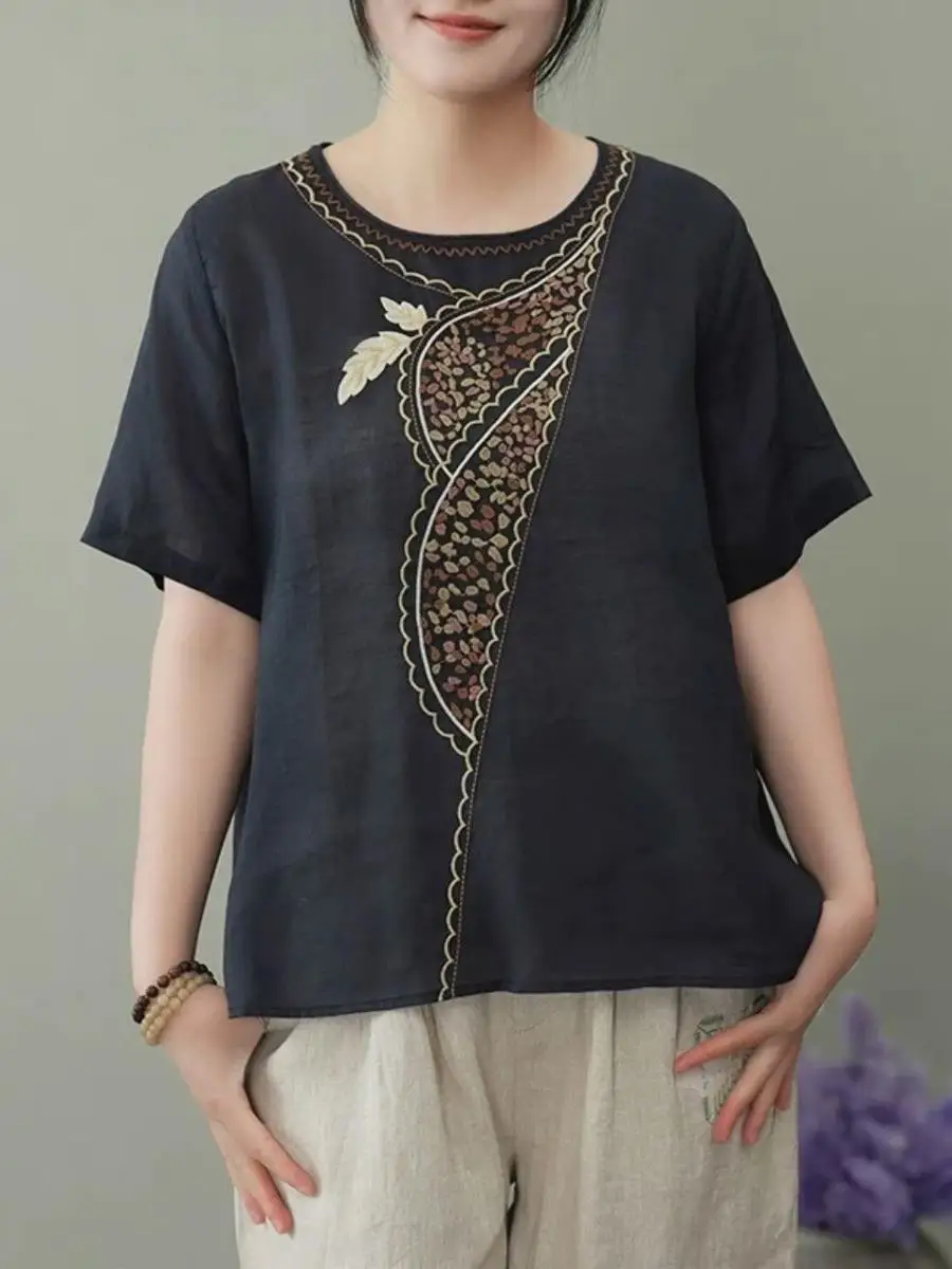 Embroidered Cotton Linen Shirt Loose Fit Lightweight round Neck T-Shirt Vintage Style Tea Service Mom Suitable Spring Summer