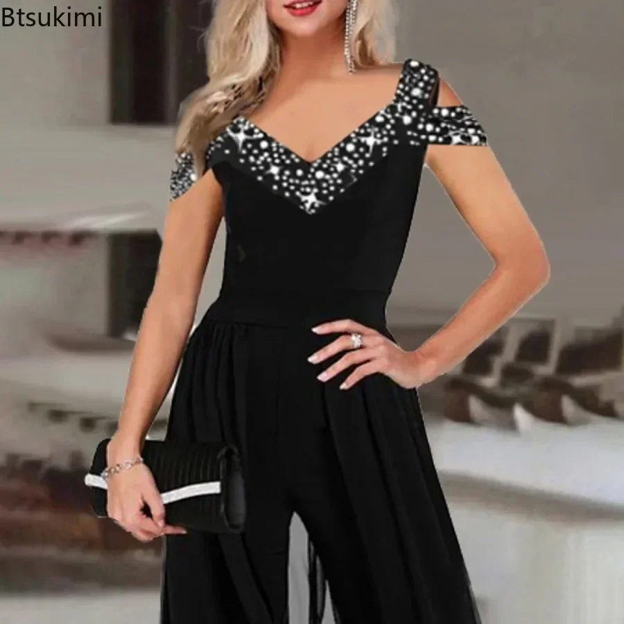 2025 Women's Elegant Sleeveless Jumpsuit Spring Summer V-neck Casual Patchwork Rompers Office Lady Jumpsuits Playsuit Outfits