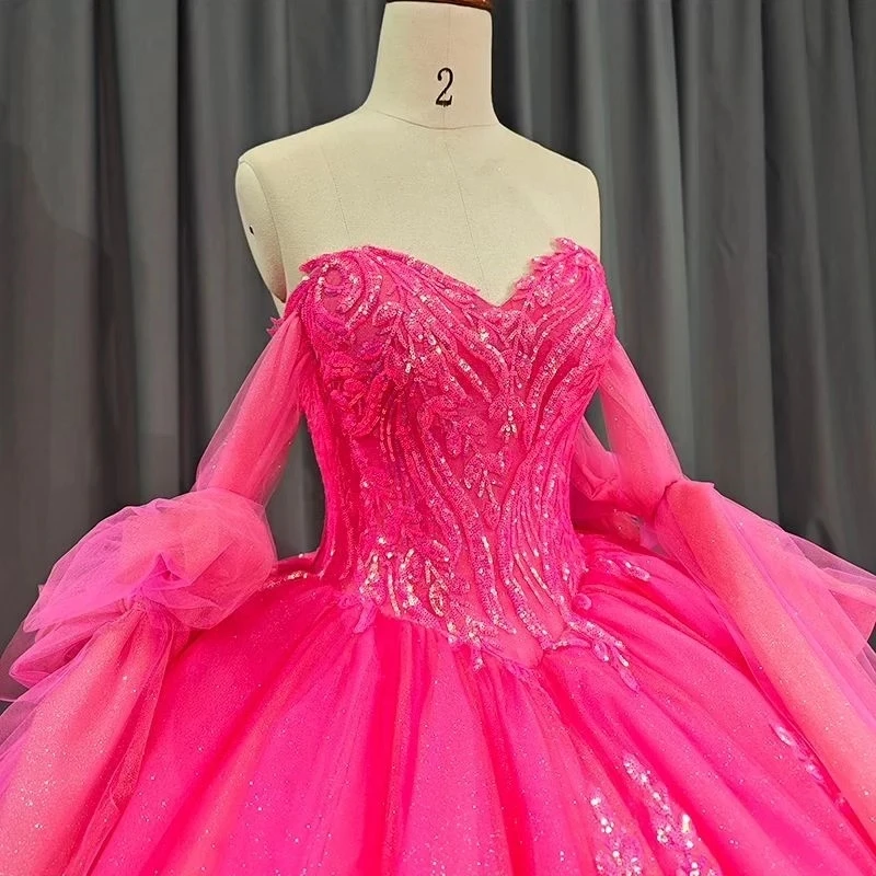 Rose Red Sweetheart Shiny Quinceanera Dress Ball Gown Sweet 16 Dress Sequin Appliques Lace Beads Wedding Gowns Long Sweep Train