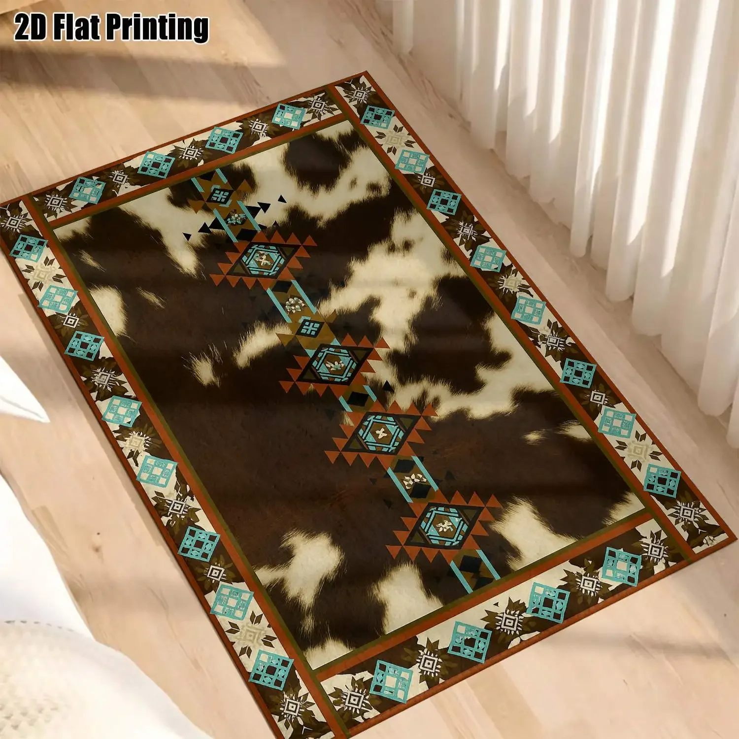 1Pc 2D Printed Carpet: Brown-White Cow Print Geometric Pattern, Modern Minimalist/European/Vintage/Bohemian Style, Multi-Size, M