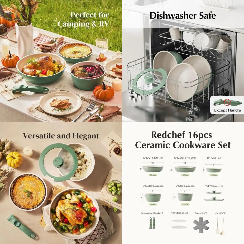 

Green Non-Stick Ceramic Cookware Set, 16-Piece Detachable Handle RV-Friendly, Non-Toxic, Dishwasher and Oven Safe