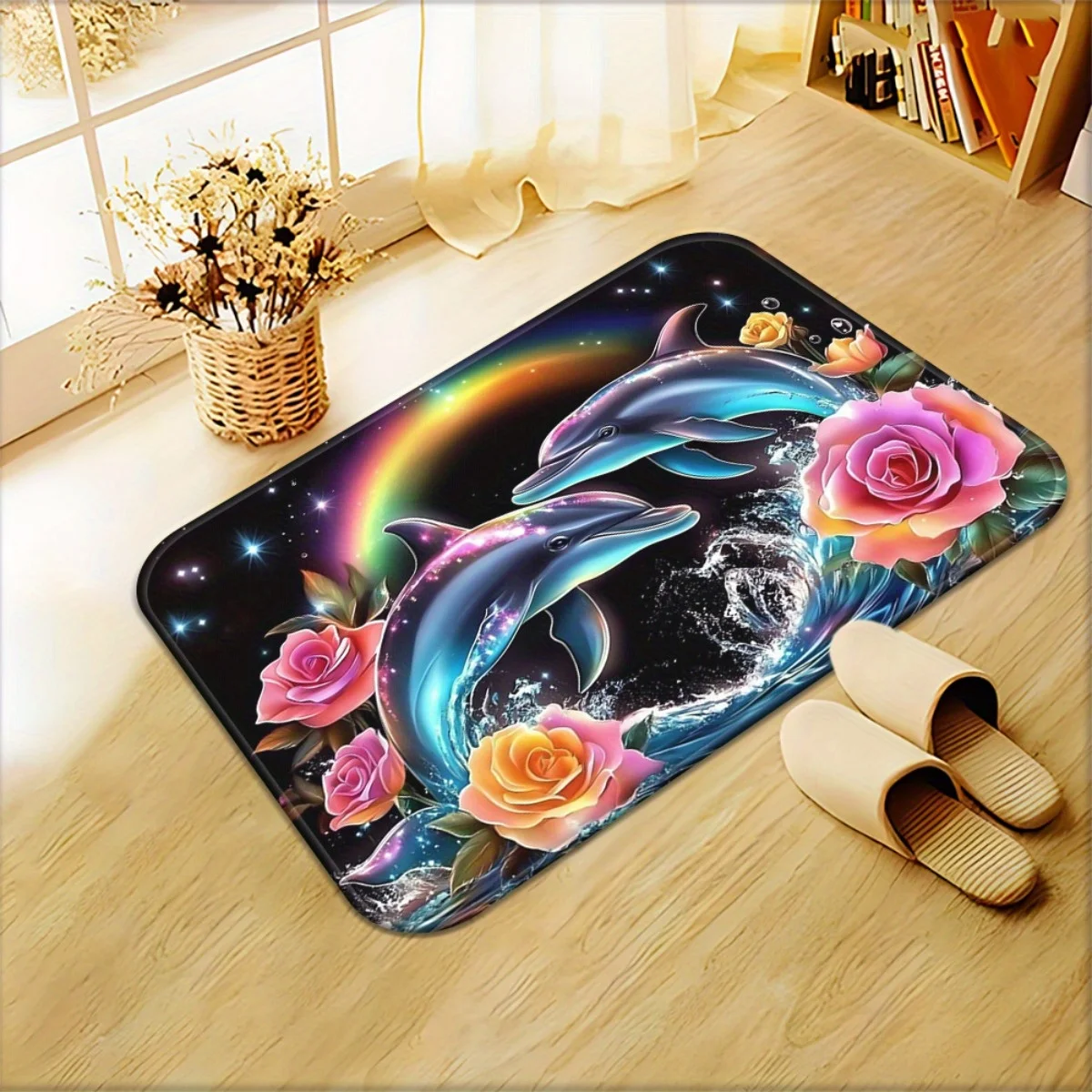 1pc Dolphins with Rainbow and Roses Non-Slip Bathroom Floor Mat | Microfiber Absorbent, Machine Washable Polyester Rug for Bed