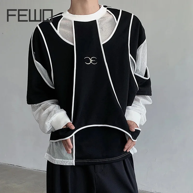 FEWQ Niche Design Men's Sweatshirts Round Collar Patchwork Design Contrast Color Loose Male Tops 24K1128