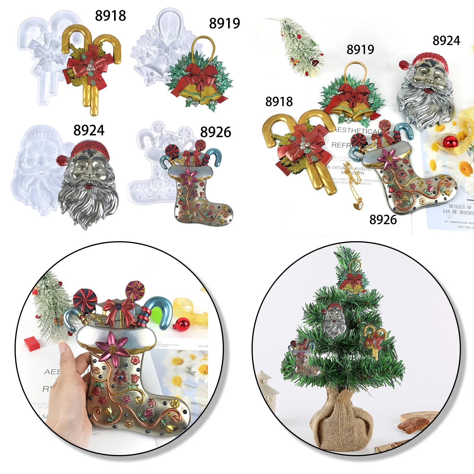 Semi-dimensional Christmas Tree Socks Bell Santa Claus Silicone Mold Diy Resin Epoxy Crafts Ornaments Wall Stickers Decorative