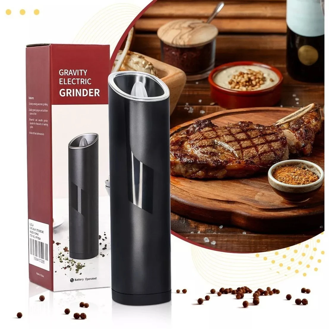 

Electric Pepper Grinder Gravity Automatic Pepper Spice Mill Salt Pepper Shaker Adjustable Grind Coarseness Battery Powered