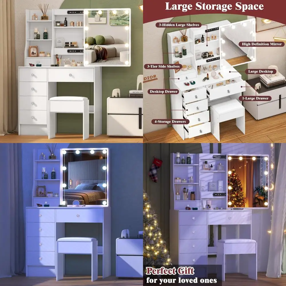 مكتب زينة للمكياج بمرآة مضيئة مع كرسي وأدراج تخزين #1