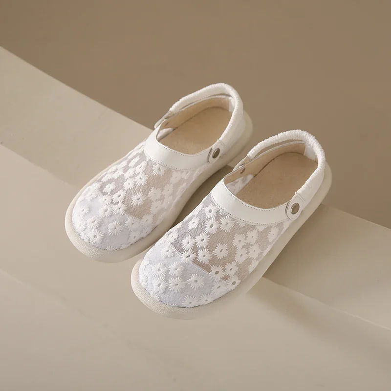 

Мюли женские сетчатые, дышащие шлепанцы с цветами, кружевом, плоская подошва, сандалии, для прогулок, летняя модель 2024