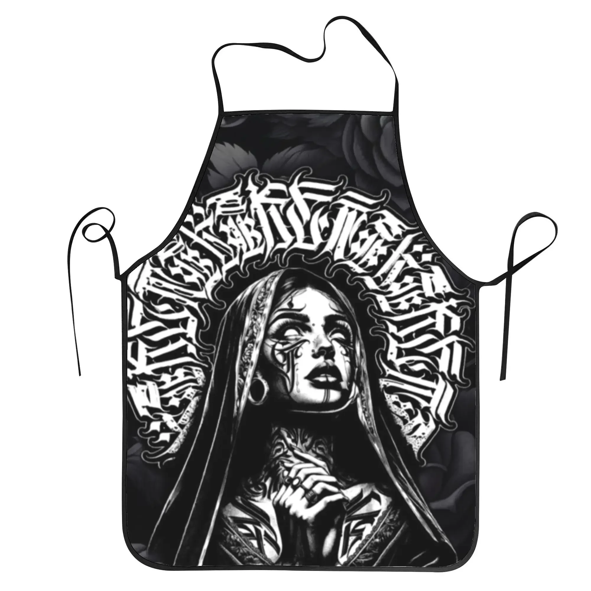 1pc Gothic Nun Floral Tattoo Art Apron Unisex Black And White Kitchen Apron Durable Chef Cooking And Painting Apron With Adjust
