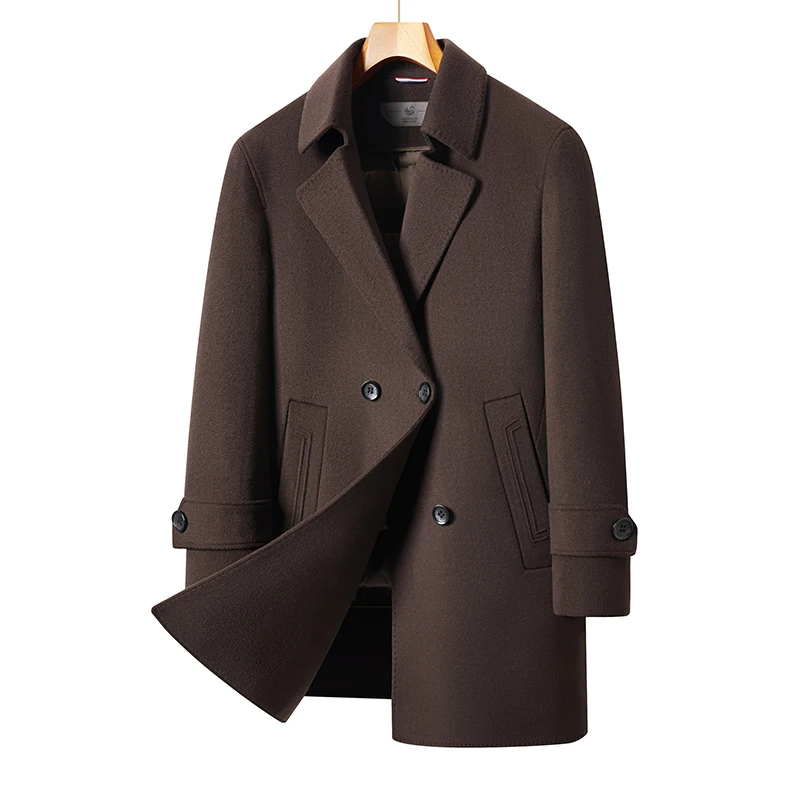 Subtle Luxury Men Elegant Cashmere Overcoat Black Coffee Double Breasted Design Basic Coat Goose Down Vest Lining Topcoat Winter