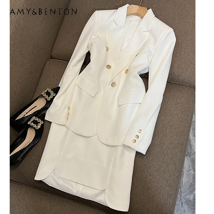 French Fashion Business Suit High-Grade Elegant Socialite Sleeveless Mid-Length Dress Baggy Coat Two Piece Sets Womens Outifits