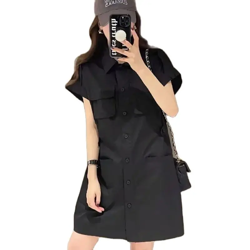 2024 Spring Summer New Fashion Work Dress Loose Leisure Skirt Button Vintage Pocket Pure Colour Black Khaki 4XL Overcoat Female