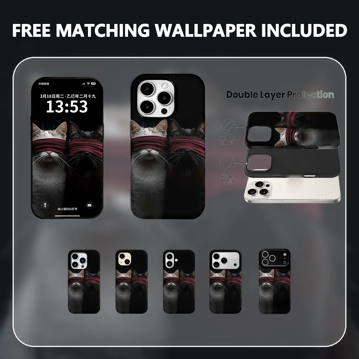 gatos vendados gatos blanco y negro estética oscura ambiente misterioso antifaz rojo Funda Híbrida Doble Capa para iPhone 12-17