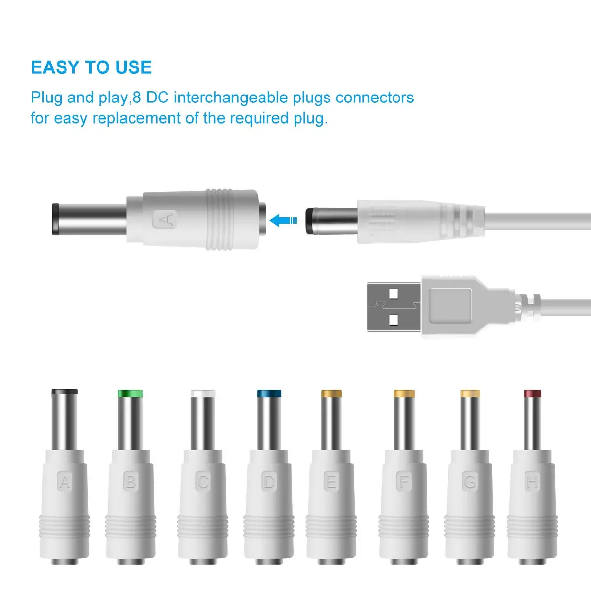 Kabel zasilający USB do DC, uniwersalny kabel 5V DC 8 w 1 kabel zasilający z 8 wymiennymi wtyczkami Adapter złącza