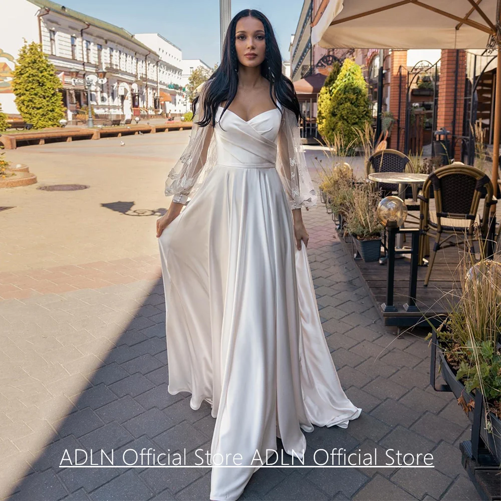 Modern Wedding Dress Customized Puff Sleeves Butterfly V Neck Sweep Train Back Zipper Satin Bridal Gown Vestido De Noiva