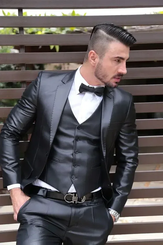 Italian Dark Grey Satin Men Suit  Slim Fit Groom Tuxedo 3 Piece Custom Suits Prom Blazer Sets Terno Masculino Costume Homme Luxe