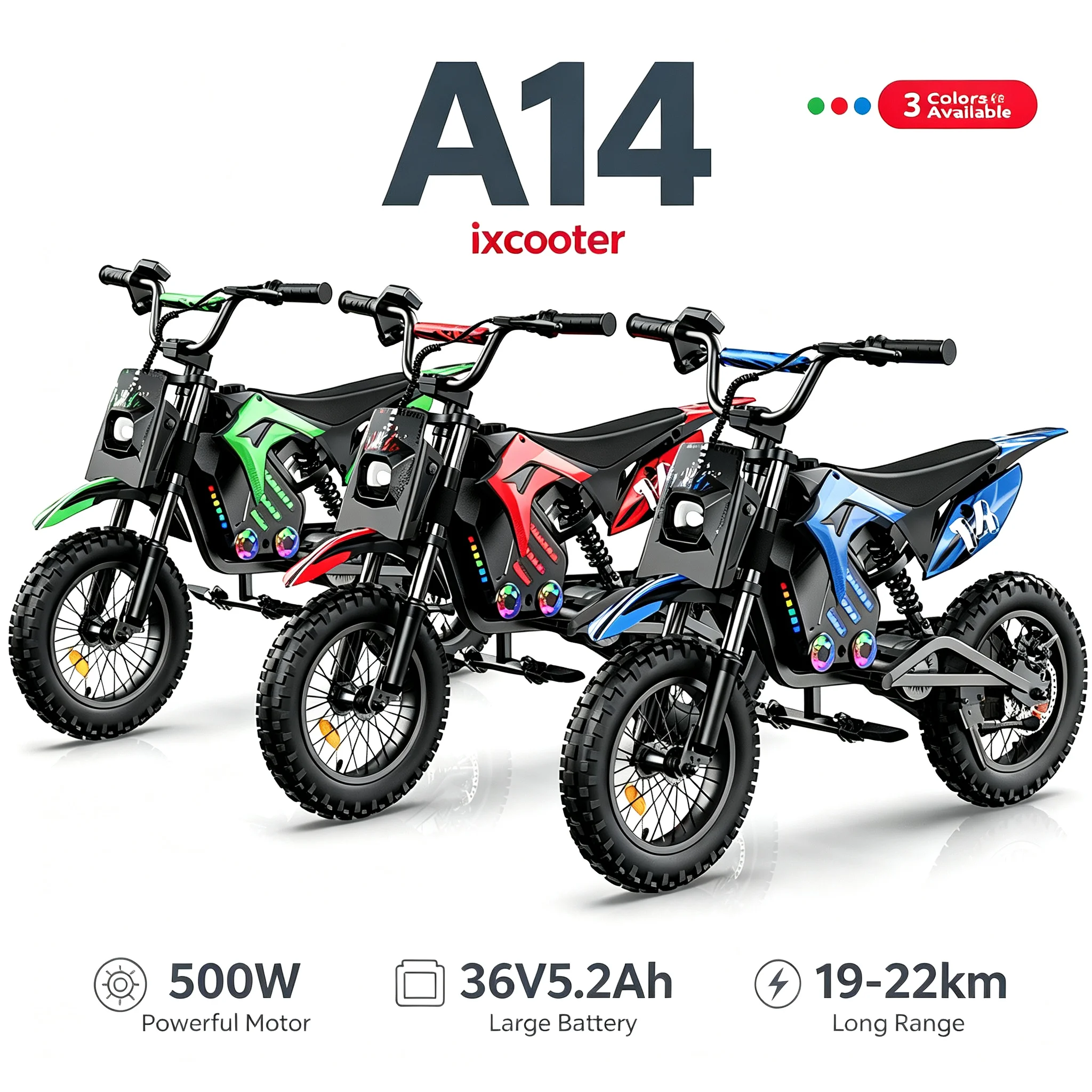 iScooter A14, moto elettrica da cross per bambini, 36V, 5,2Ah, autonomia massima di 22 km, mini moto da fuoristrada con pneumatici da 14 pollici e doppio sistema di sospensioni.
