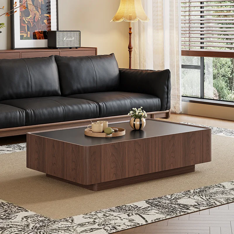 Medieval rock slab coffee table rectangular storage walnut color large capacity storage Nordic modern simple small apartment