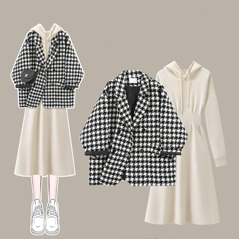 Long Sleeved Dress Autumn and Winter Set for Women in 2023 New Black and White Checkered Jacket Hoodie Long Skirt Two-piece Set