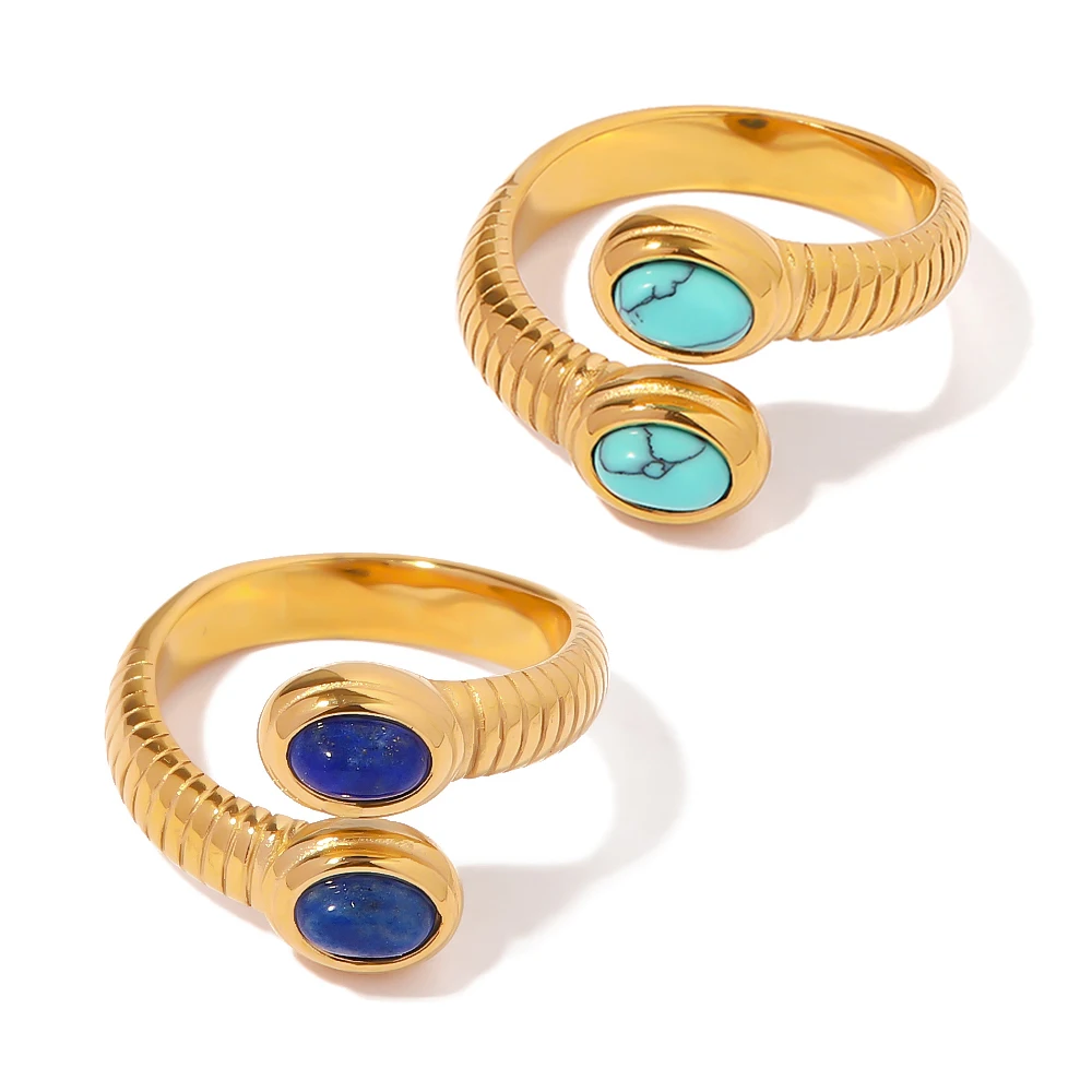 Waterproof 18k Gold Plated Stainless Steel Jewelry Open Thread Inlaid Lapis Lazuli Turquoise Stone Bead Snake Rings Party