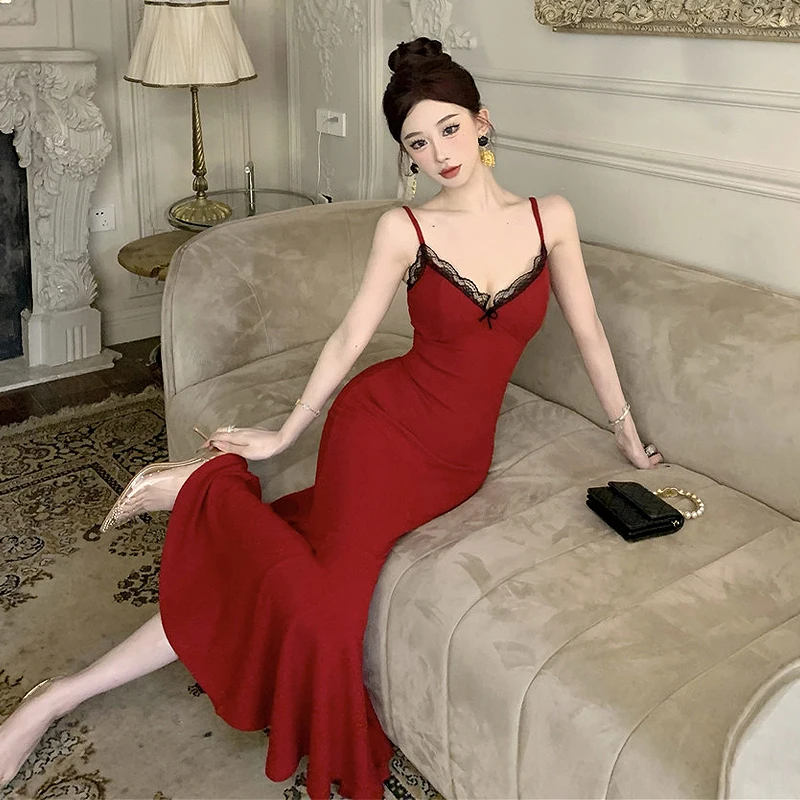 الرغبة النقية مثير الدانتيل الخامس الرقبة فستان بروتيل المرأة S ذيل السمكة فستان طويل